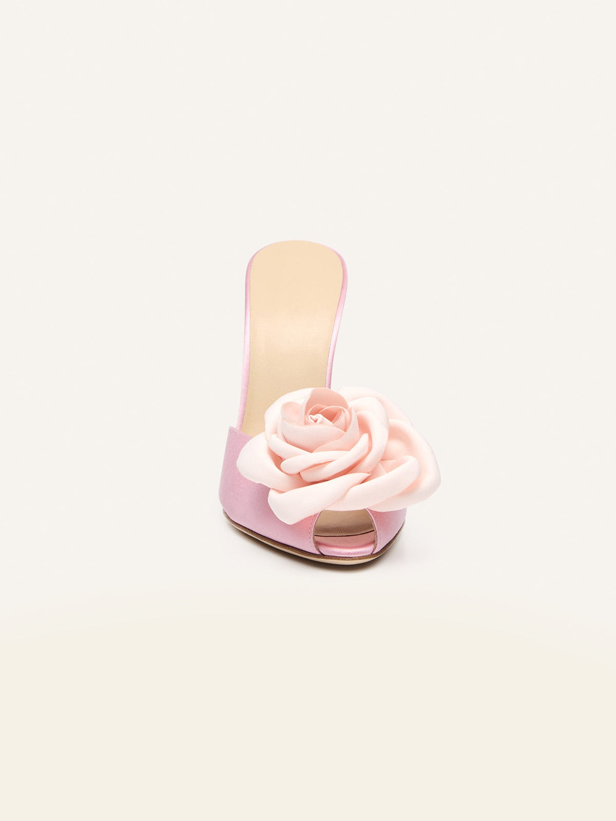 Pink Satin Round-Toe Front Floral Inlay High Heels