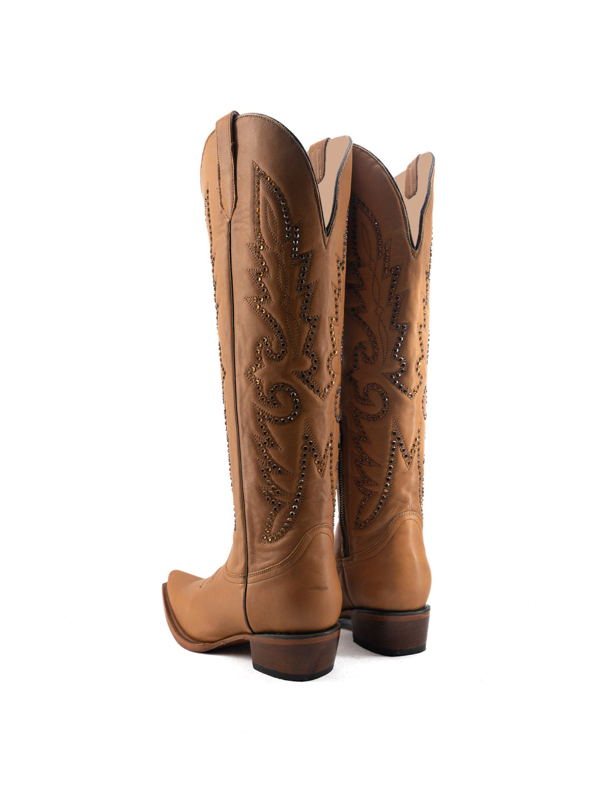 Studs And Embroidery Snip-Toe Classic Half-Zip Knee High Cowgirl Boots – Honey