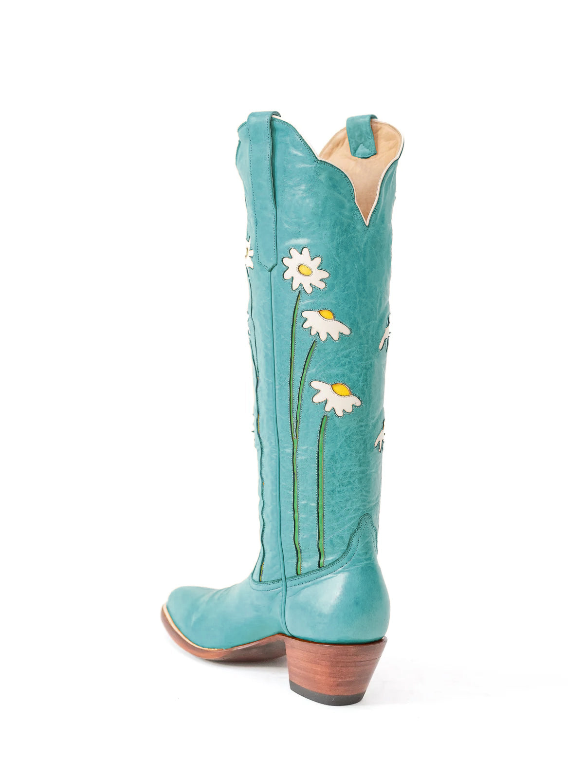 Teal Almond-Toe Wide Calf Western Boots Knee High Tall Boots With Floral Inlay