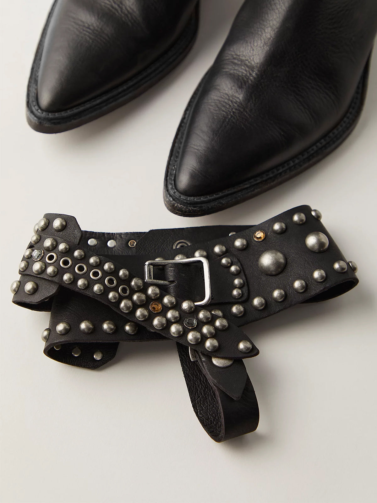 Black Pointed-Toe Studded Buckle Strap Full-Zip Ankle Cowgirl Boots