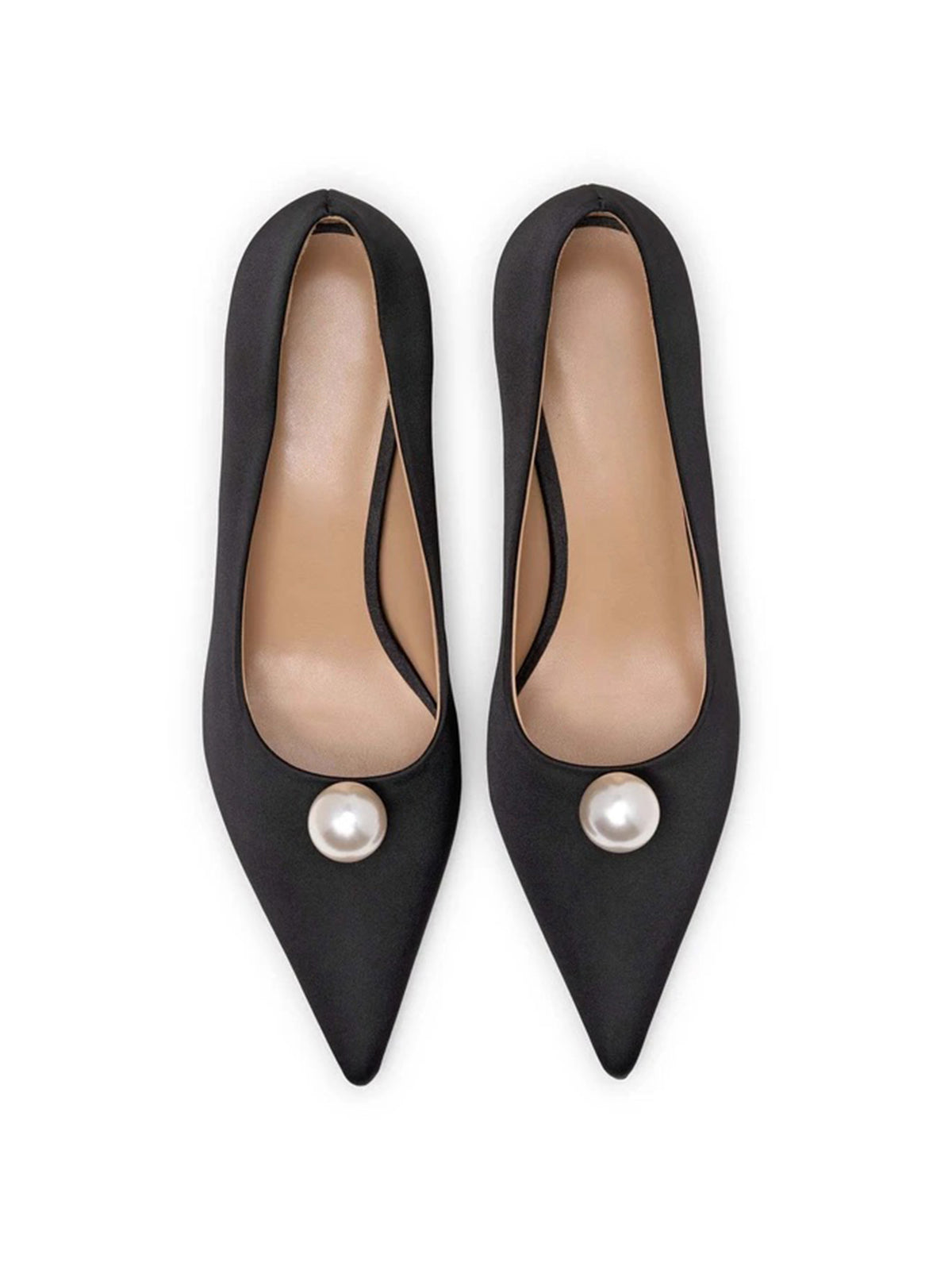 Black Satin Pointed-Toe Front Pearl Chic Kitten Heels