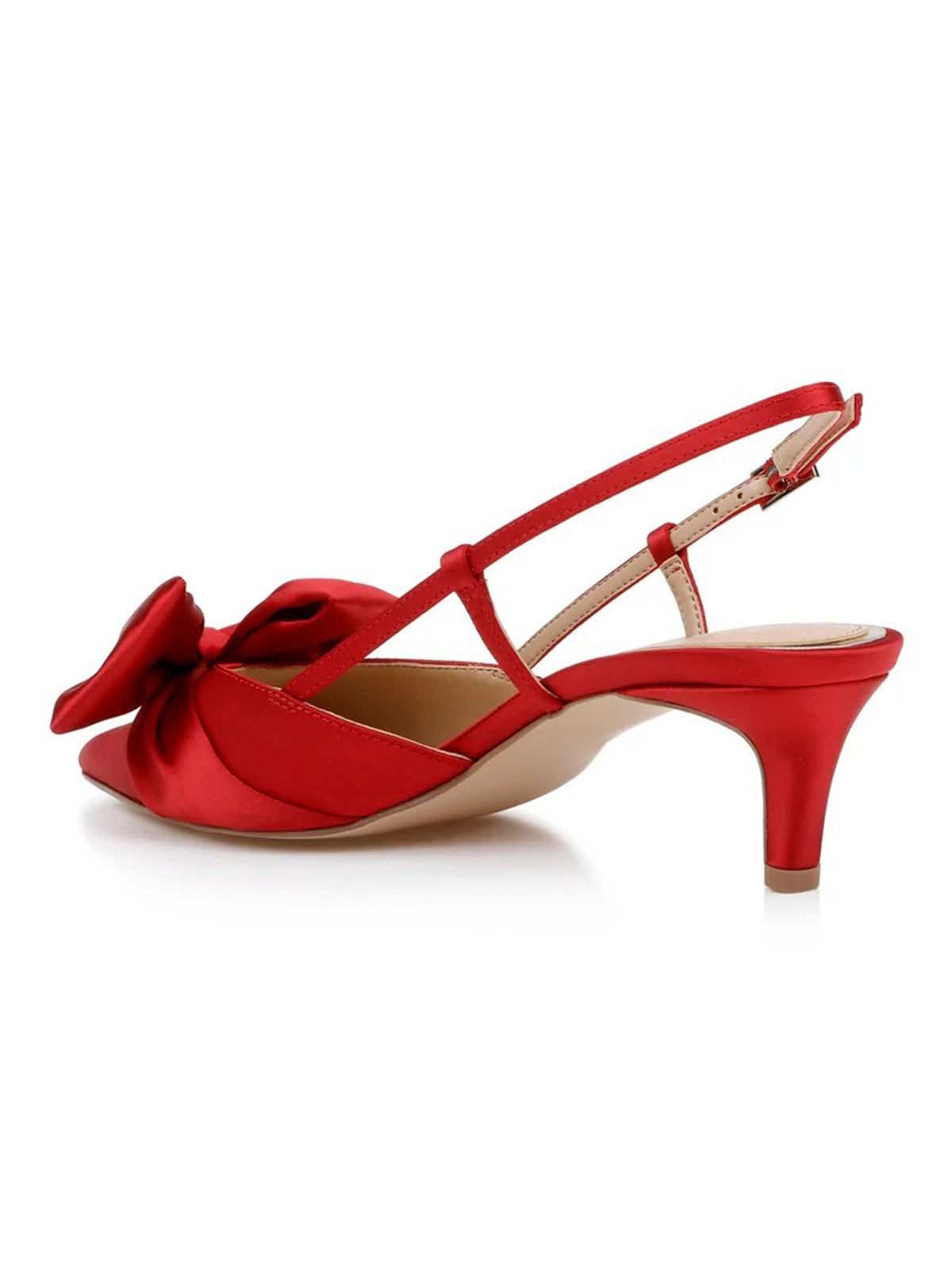 Red Satin Pointed-Toe Front Bow Slip-On Slingback Chic Kitten Heels