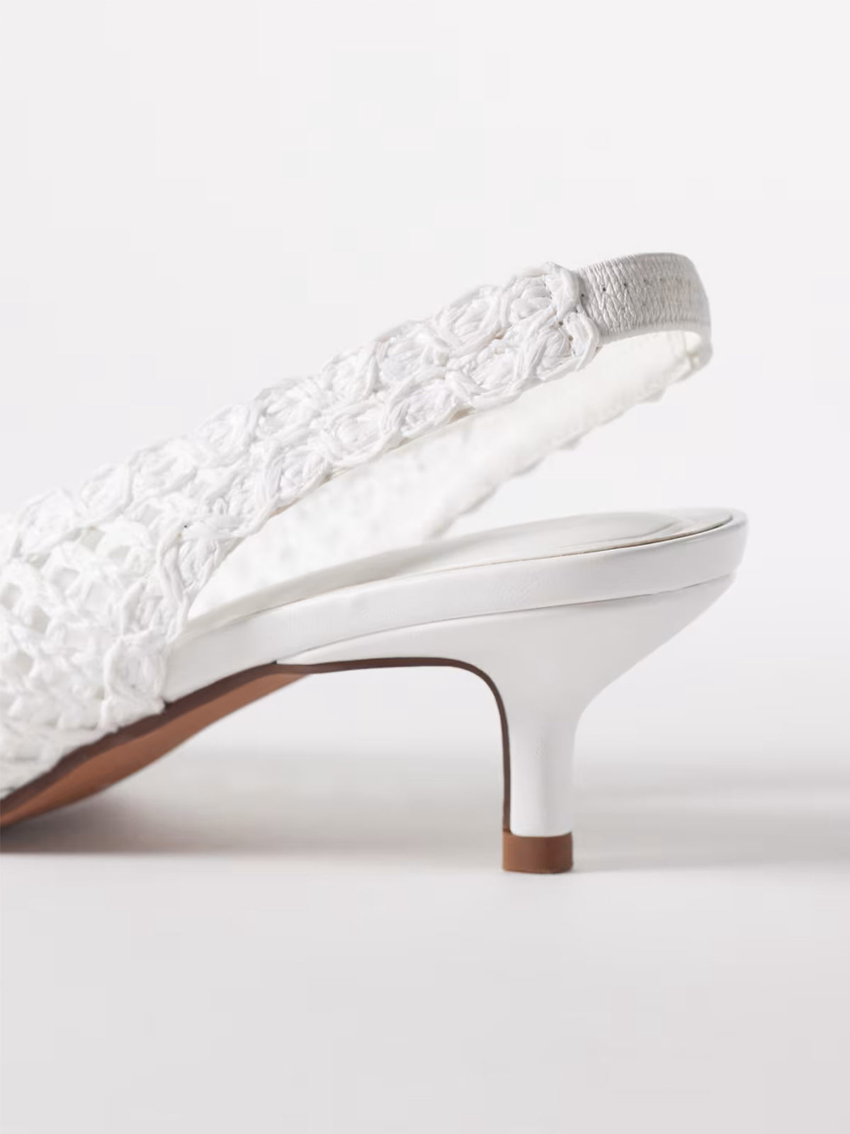White Rope Weaving Pointed-Toe Classic Back Strap Kitten Heels
