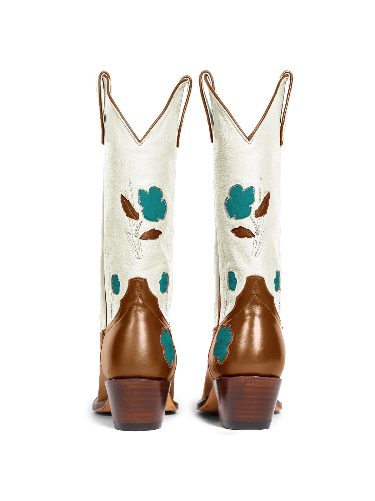 Contrast White And Brown Almond-Toe Green Flower Inlay Mid Calf Cowgirl Boots