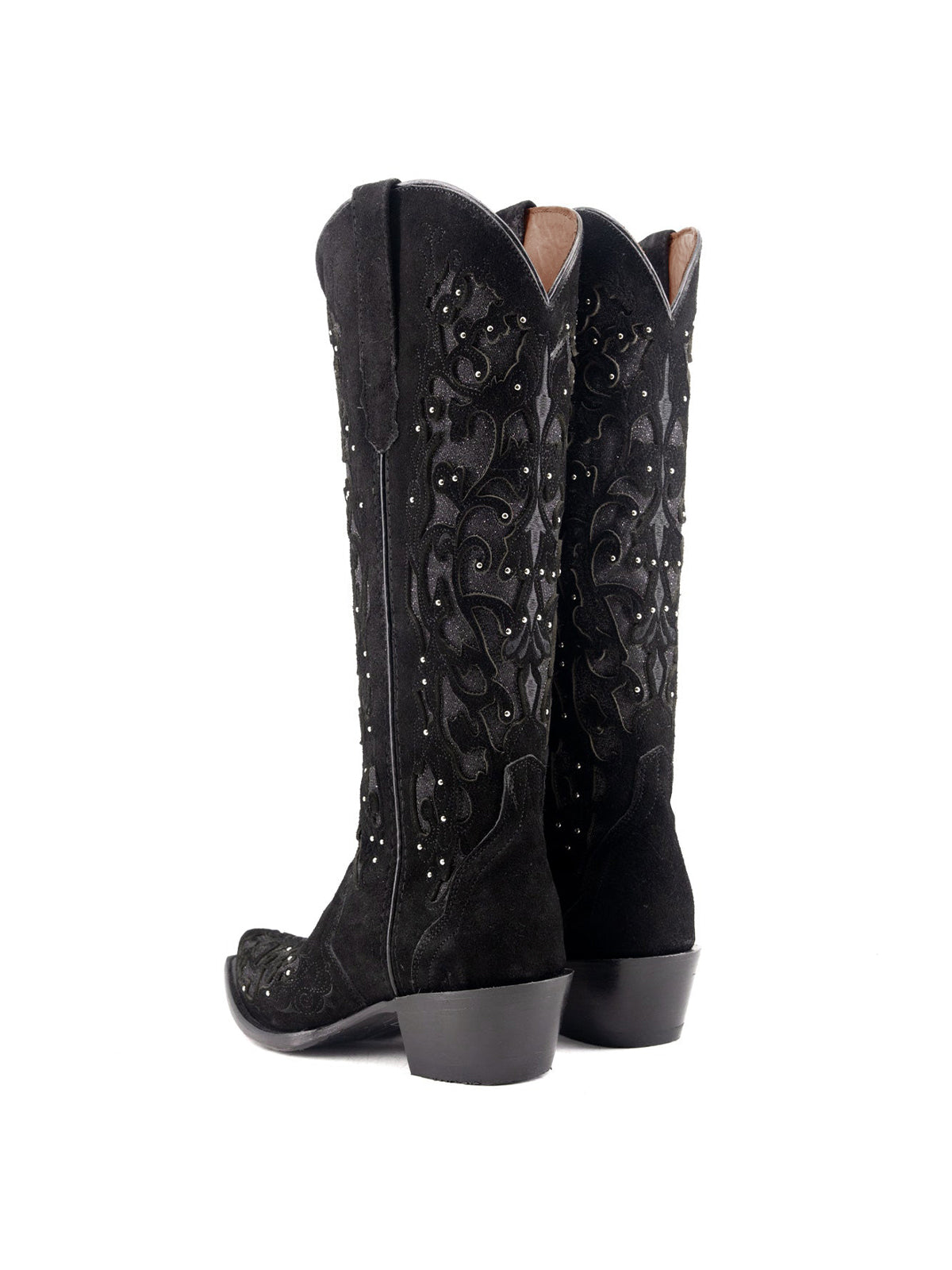 Black Faux Suede Snip-Toe Glitter Inlay And Studs Half-Zip Knee High Cowgirl Boots