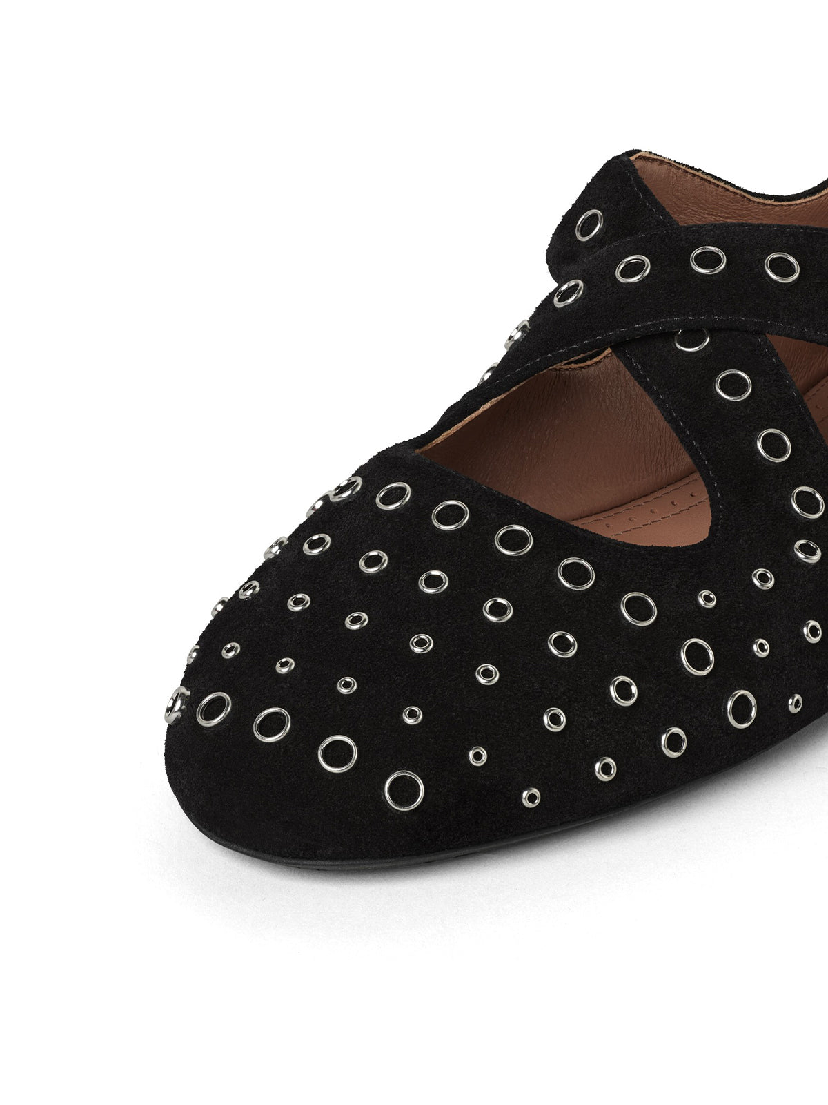 Black Faux Suede Round-Toe Criss Cross Strap Ballet Flats With Eyelets