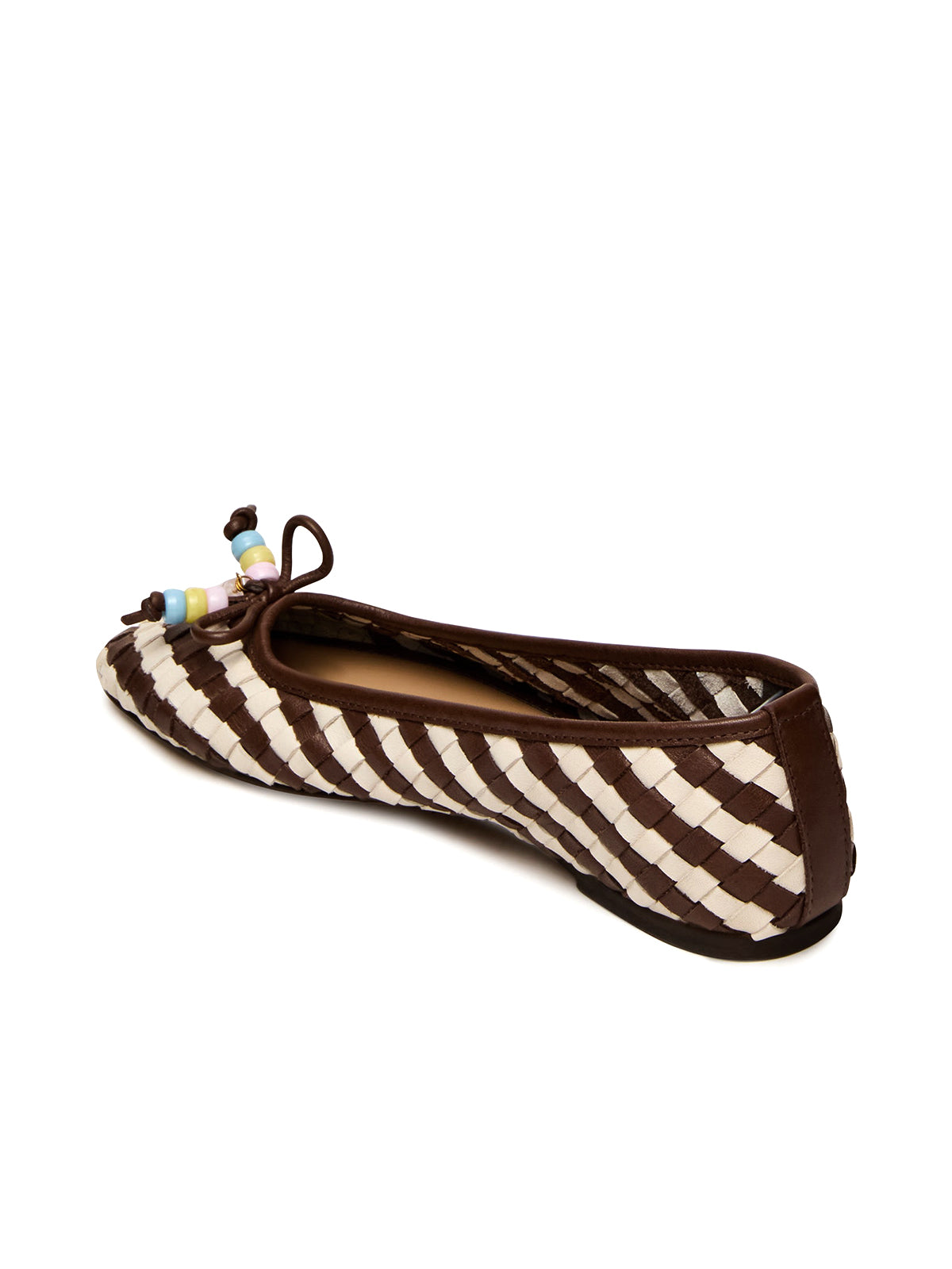 Contrast White And Brown Vegan Leather Woven Square-Toe Front Bow Slip-On Ballet Flats
