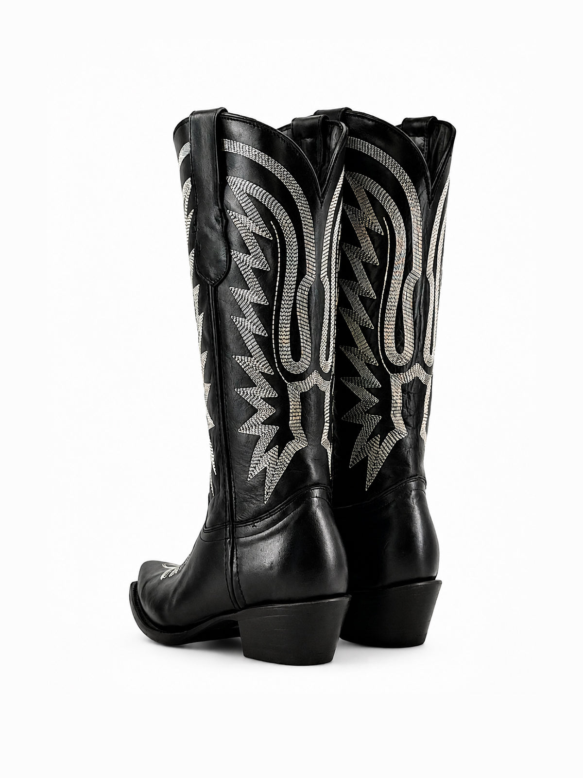Black Vegan Leather Snip-Toe White Embroidery Wide Calf Knee High Cowgirl Boots