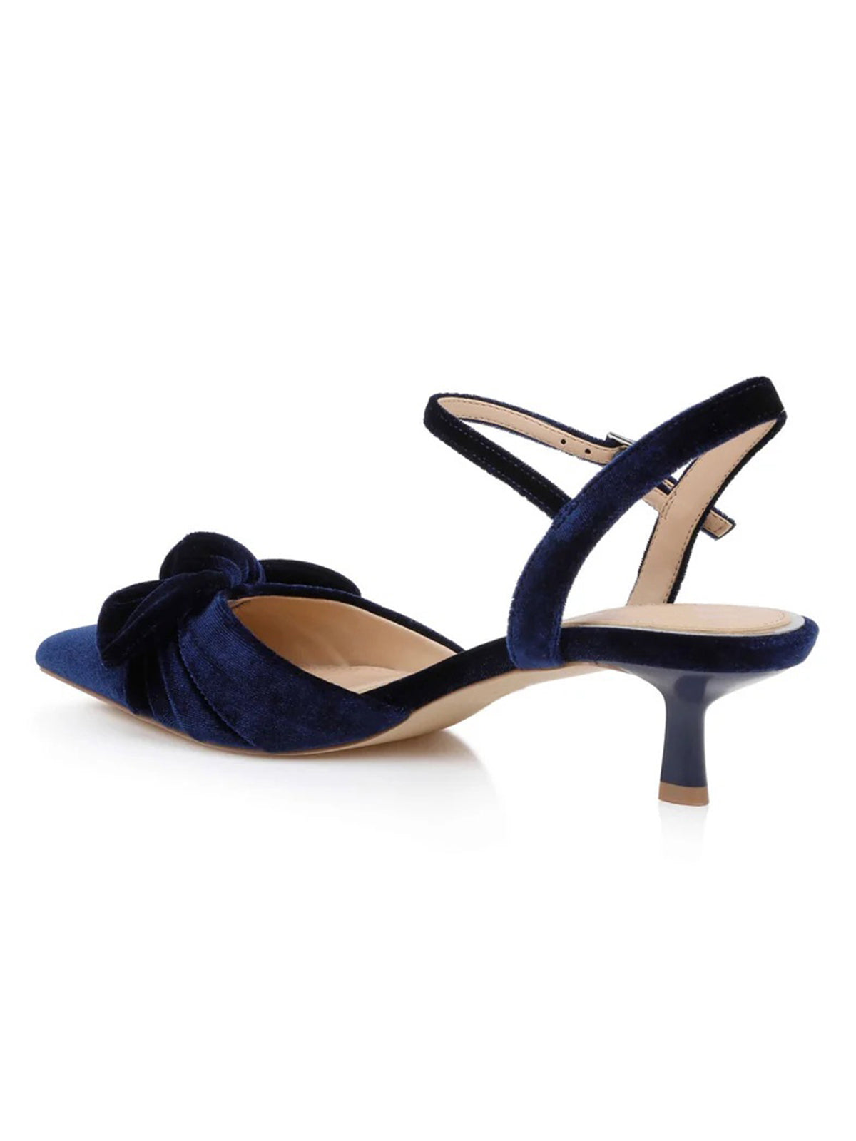 Navy Velvet Pointed-Toe Front Bow Crossed Slingback Chic Kitten Heels