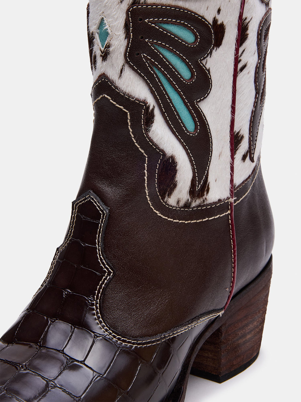 Contrast Tri-Color Crocodile And Cow Print Pointed-Toe Butterfly Inlay Mid Calf Cowgirl Boots