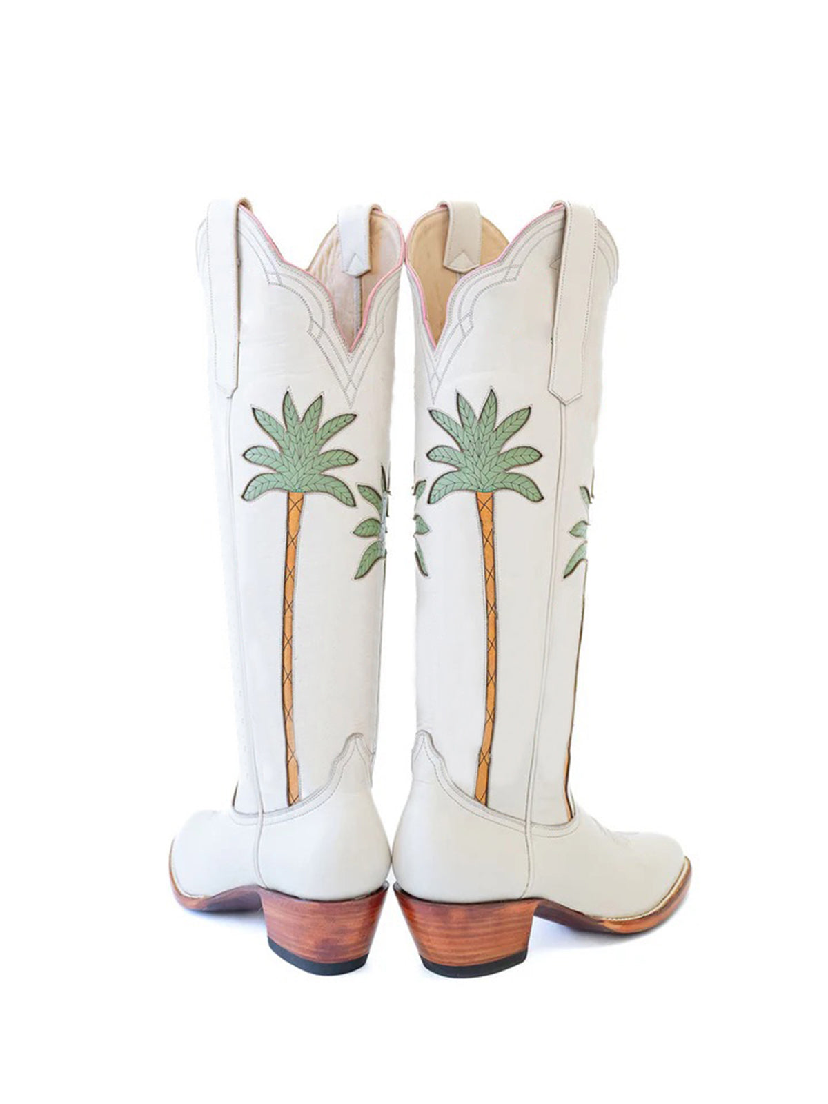 White Almond-Toe Wide Calf Western Boots Knee High Tall Boots With Green Palm Inlay
