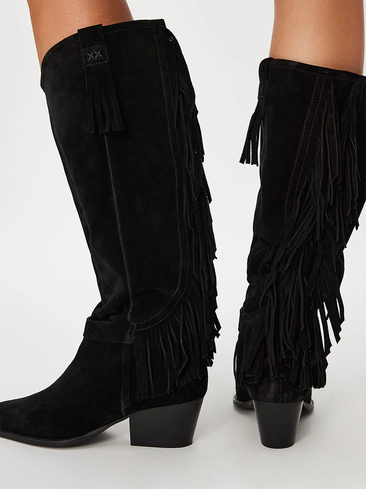 Black Faux Suede Pointed-Toe Fringe Wide Calf Knee High Cowgirl Boots