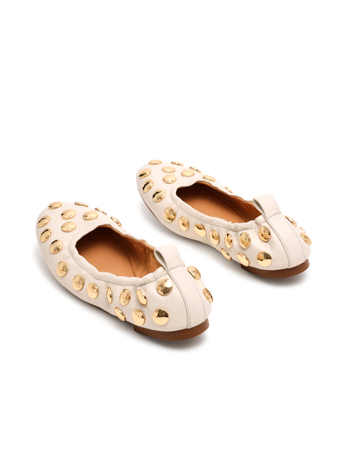 White Round-Toe Gold Studded Slip-On Ballet Flats