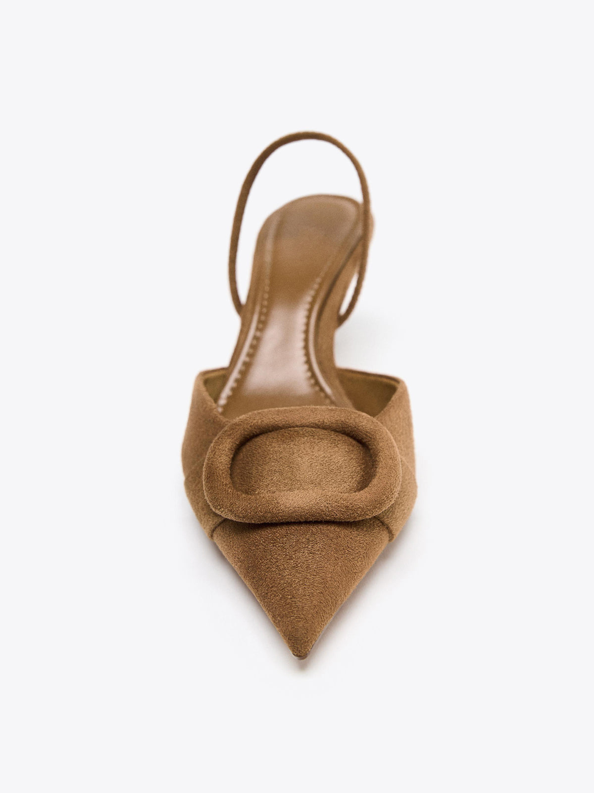 Brown Faux Suede Pointed-Toe Front Applique Slingback Kitten Heels