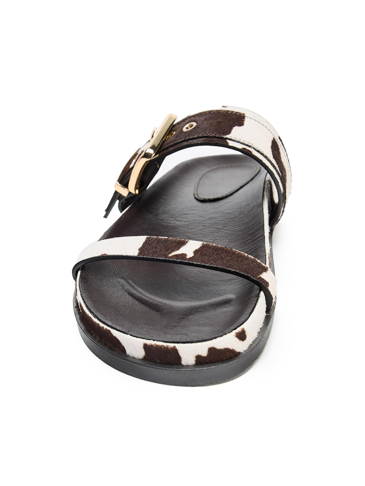 Cow Faux Pony Hair Round-Toe Double Bridge Strap Flat Sandals