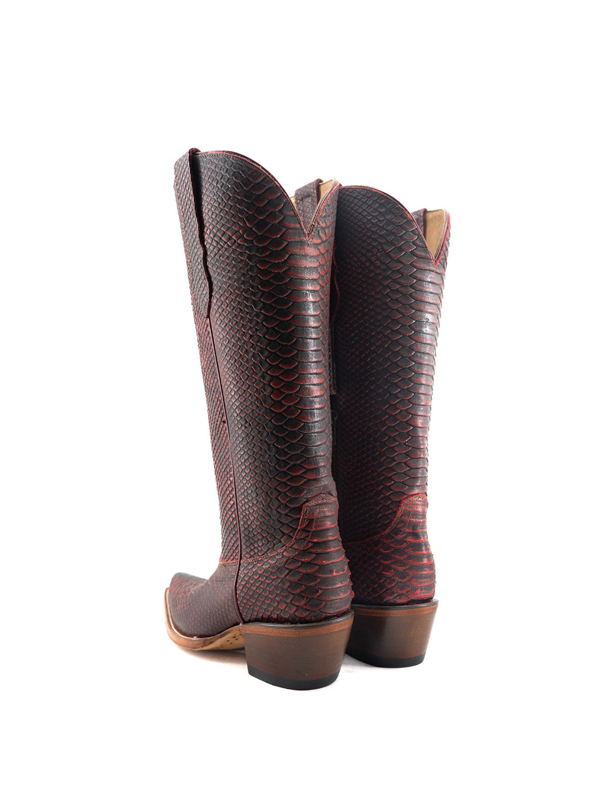 Wine Red Snakeskin Print Snip-Toe Half-Zip Knee High Cowgirl Boots