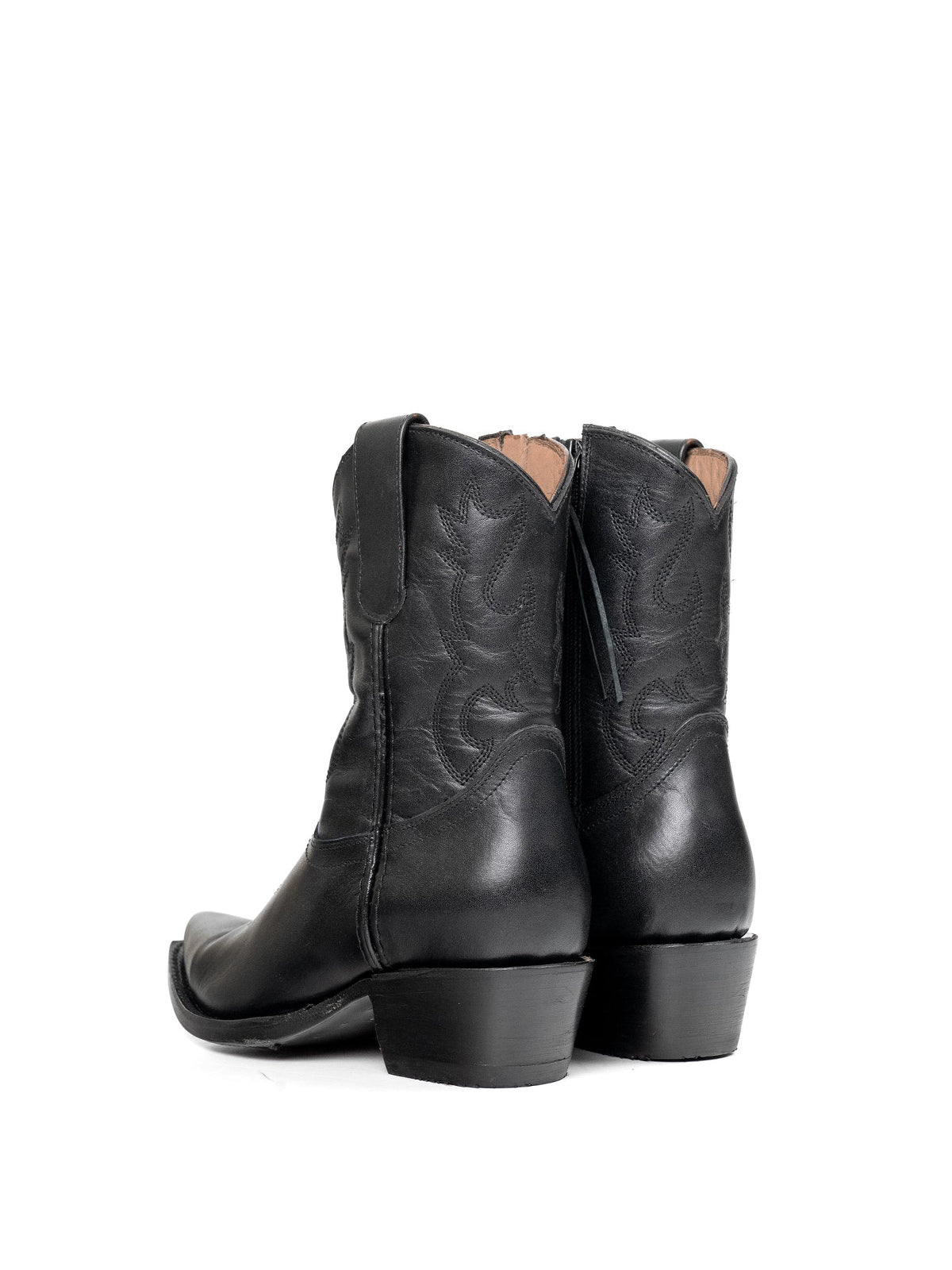 Black Snip-Toe Western Embroidery Full-Zip Ankle Cowgirl Boots