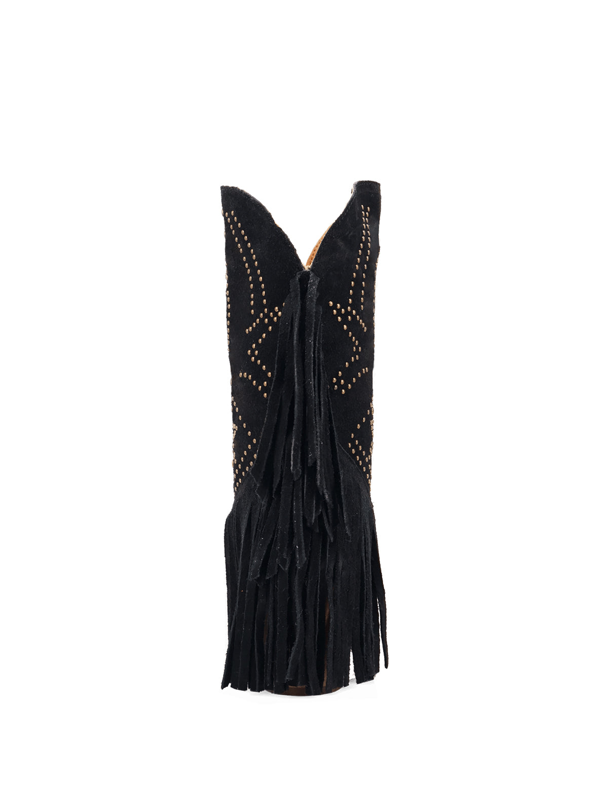 Black Faux Suede Snip-Toe Full Studs Back Fringe Ankle Cowgirl Boots