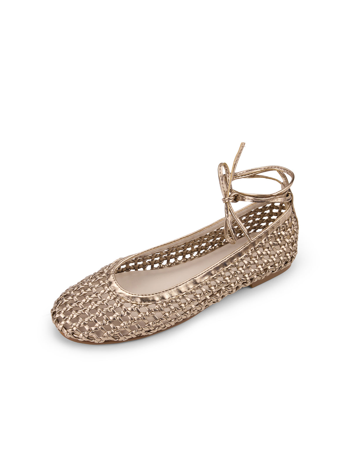 Metallic Gold Woven Round-Toe Ballet Flats