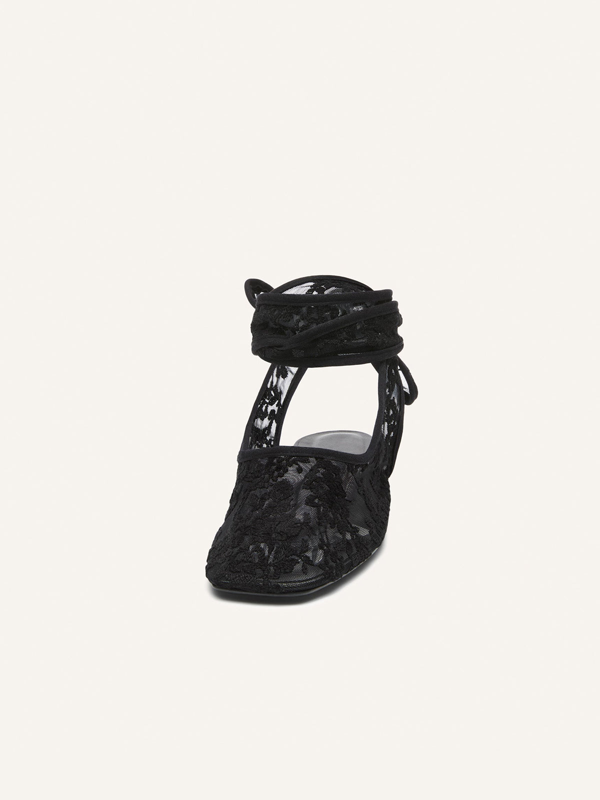 Black Lace Mesh Square-Toe Slingback Ankle Strap Flats