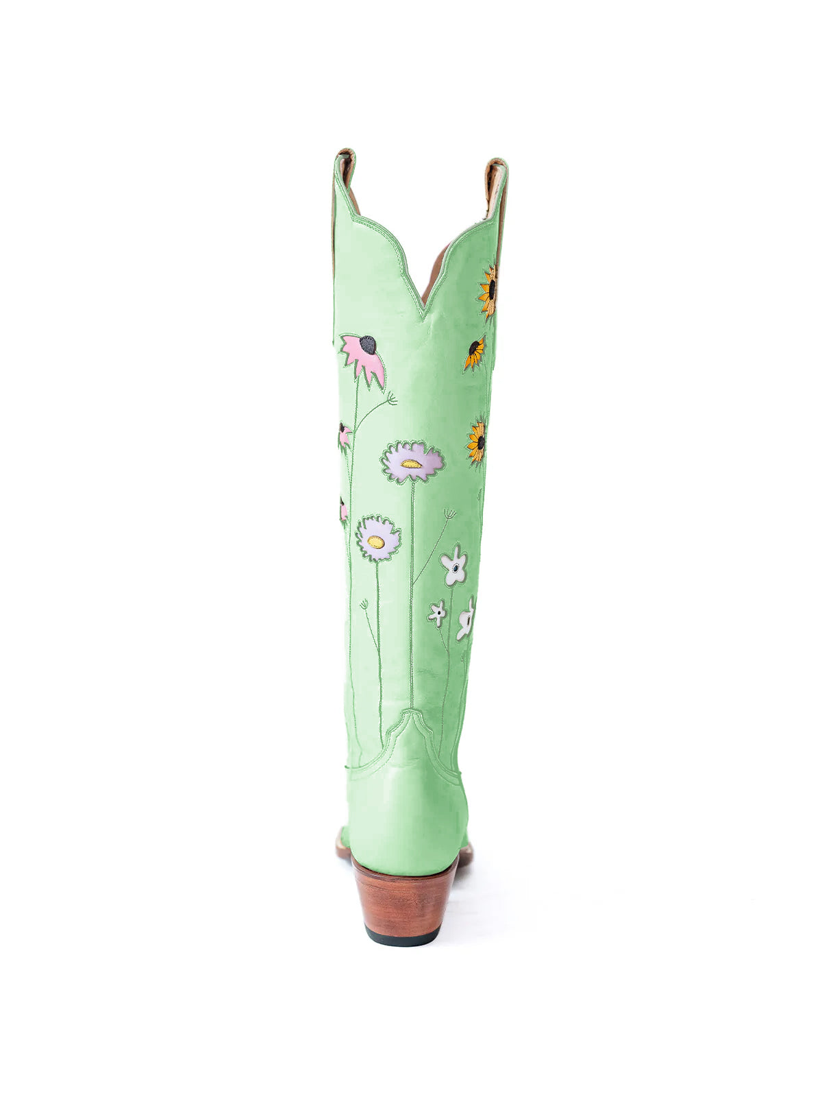 Light Green Almond-Toe Colorful Flowers Inlay Wide Calf Knee High Cowgirl Boots