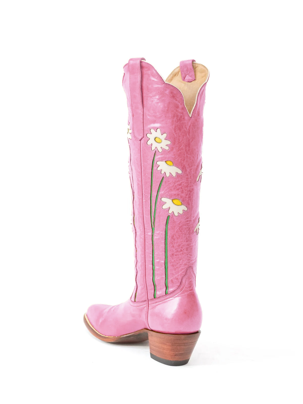 Pink Almond-Toe Wide Calf Western Boots Knee High Tall Boots With Floral Inlay