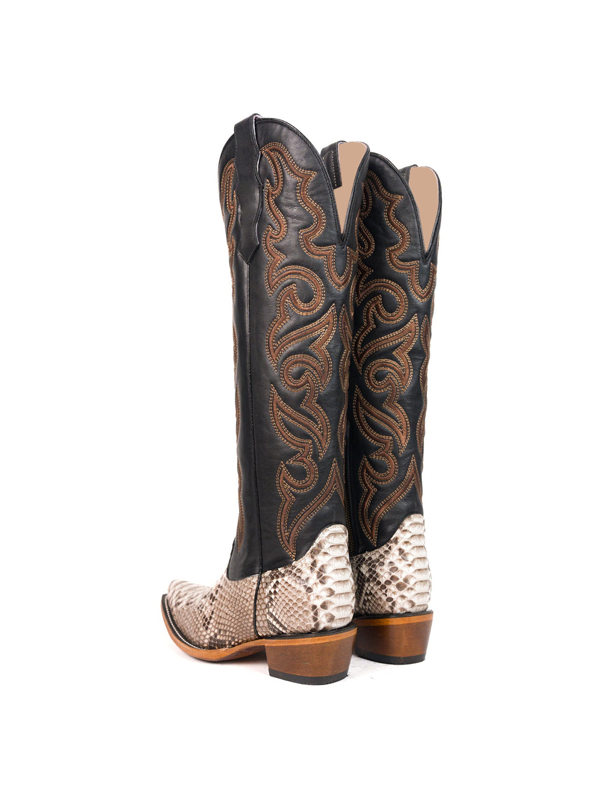 Snakeskin Print And Chocolate Vegan Leather Snip-Toe Embroidery Half-Zip Knee High Cowgirl Boots