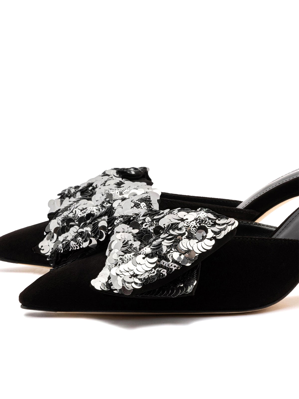 Black Faux Suede Pointed-Toe Big Front Bow With Sequins High Heels