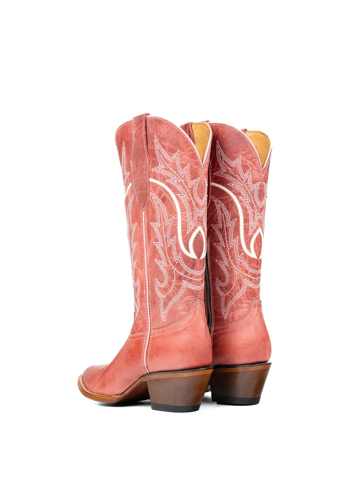 Pink Almond-Toe Embroidery With Studs Half-Zip Mid Calf Cowgirl Boots