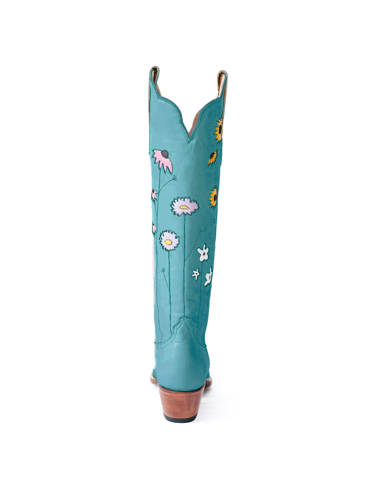 Teal Almond-Toe Colorful Flowers Inlay Wide Calf Knee High Cowgirl Boots