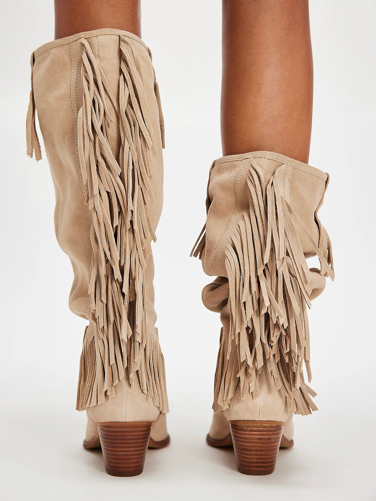 Sand Faux Suede Pointed-Toe Fringe Wide Calf Knee High Cowgirl Boots