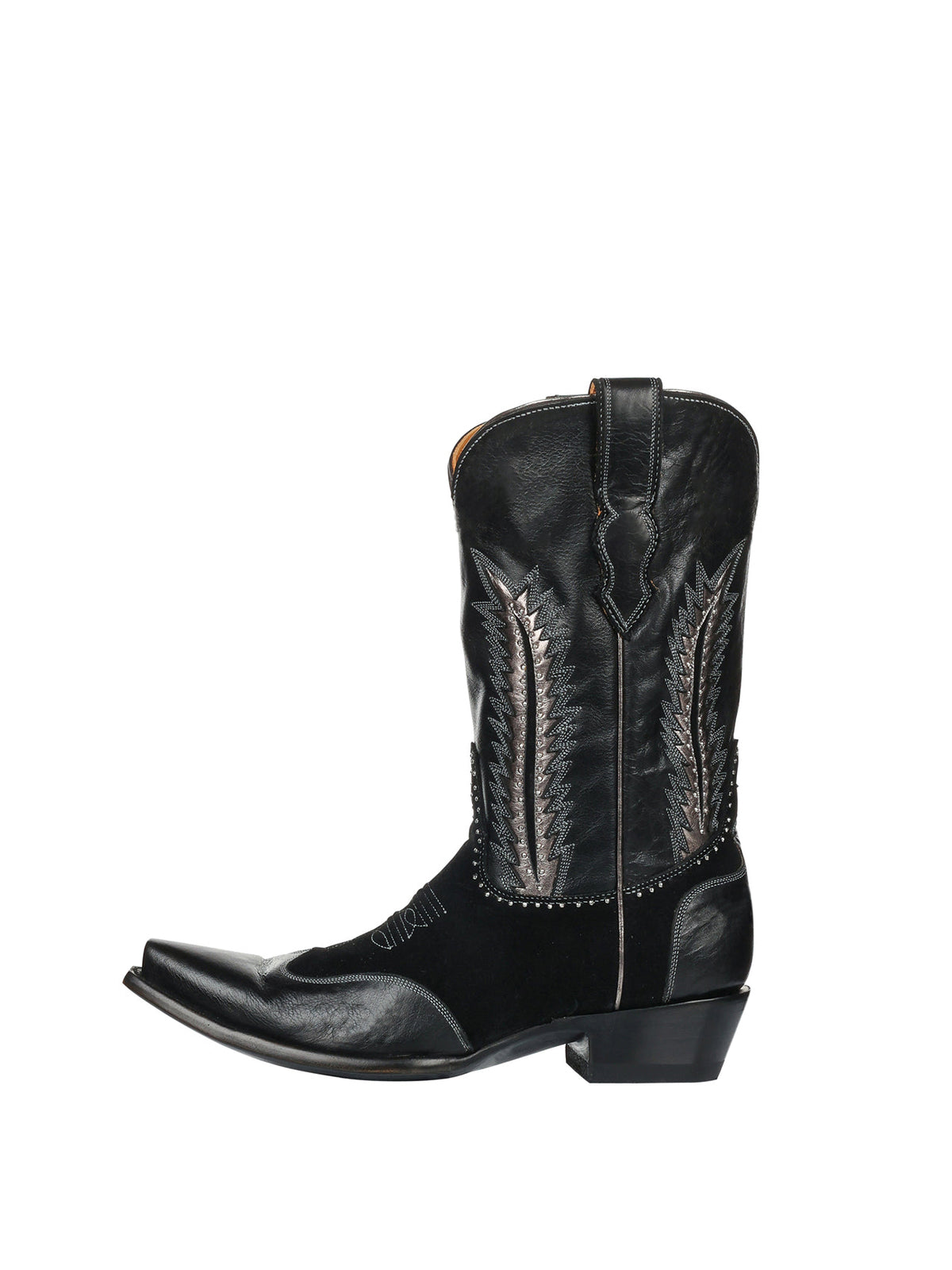 Черни каубойски ботуши с къси пръсти и металически инкрустации с капси, половин цип и до средата на прасеца