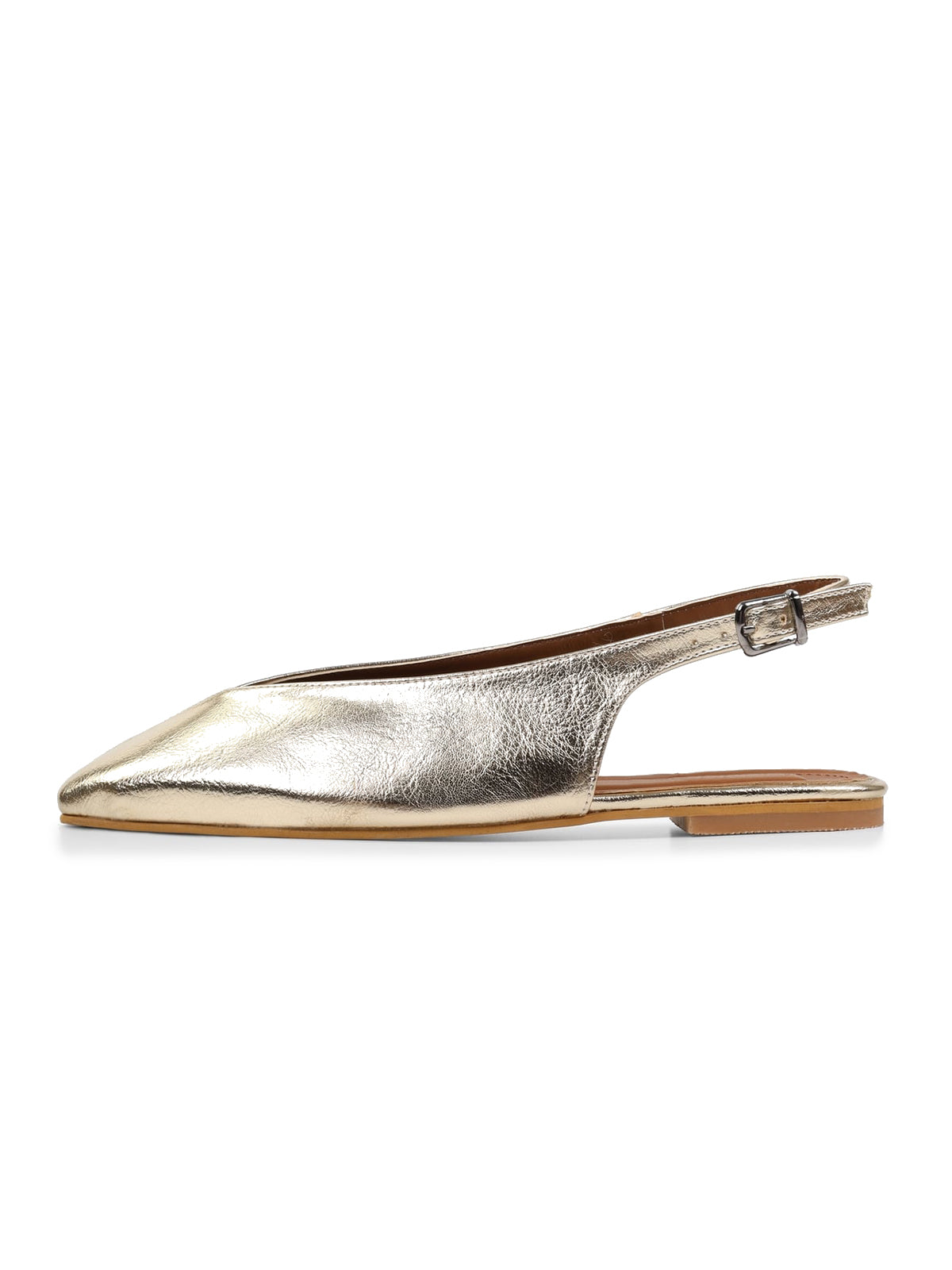 Metallic Gold Square-Toe Classic Buckle Back Strap Slip-On Flats