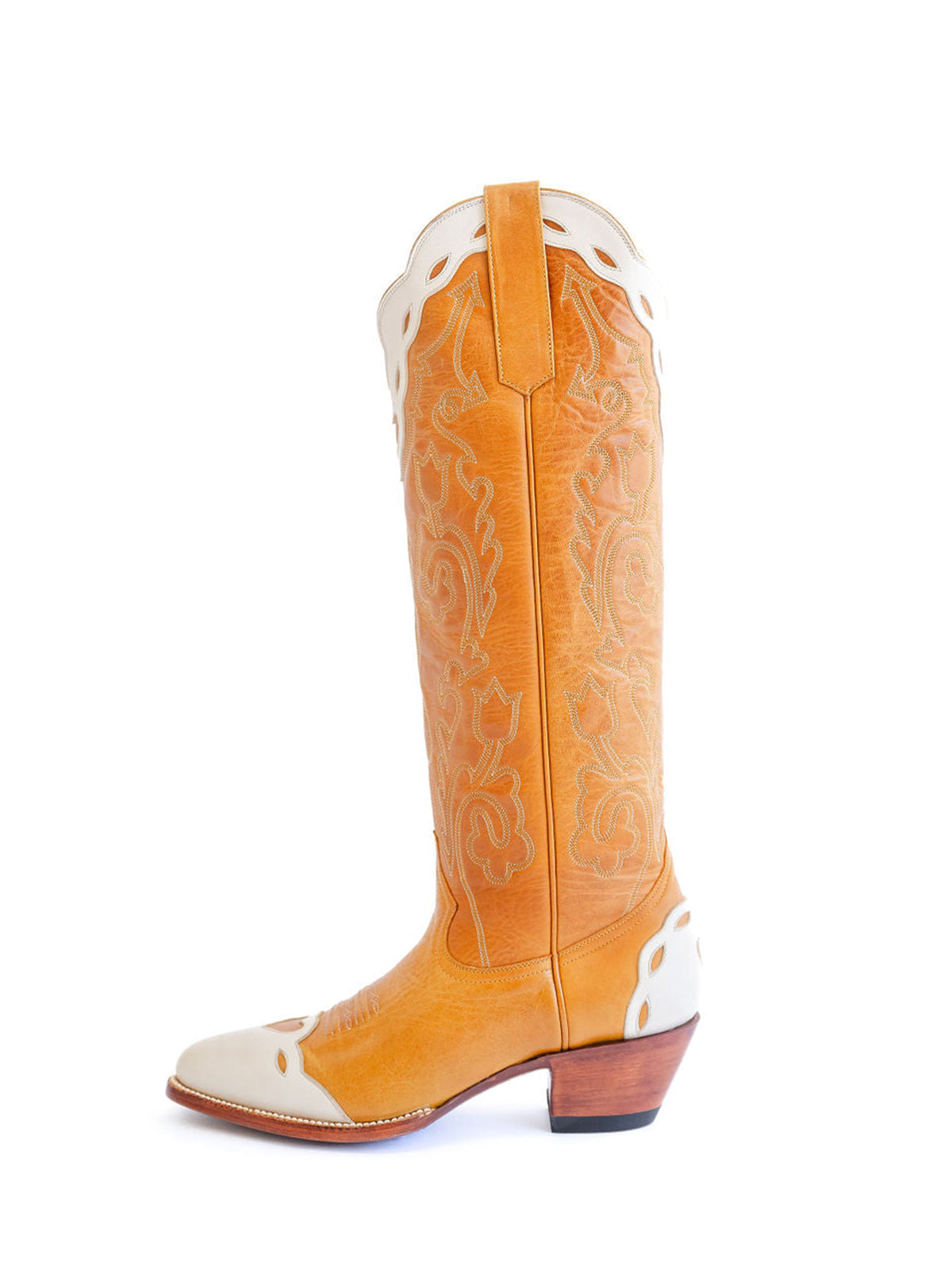 Contrast Honey And Ivory Almond-Toe Embroidery Hearts Inlay Wide Calf Knee High Cowgirl Boots
