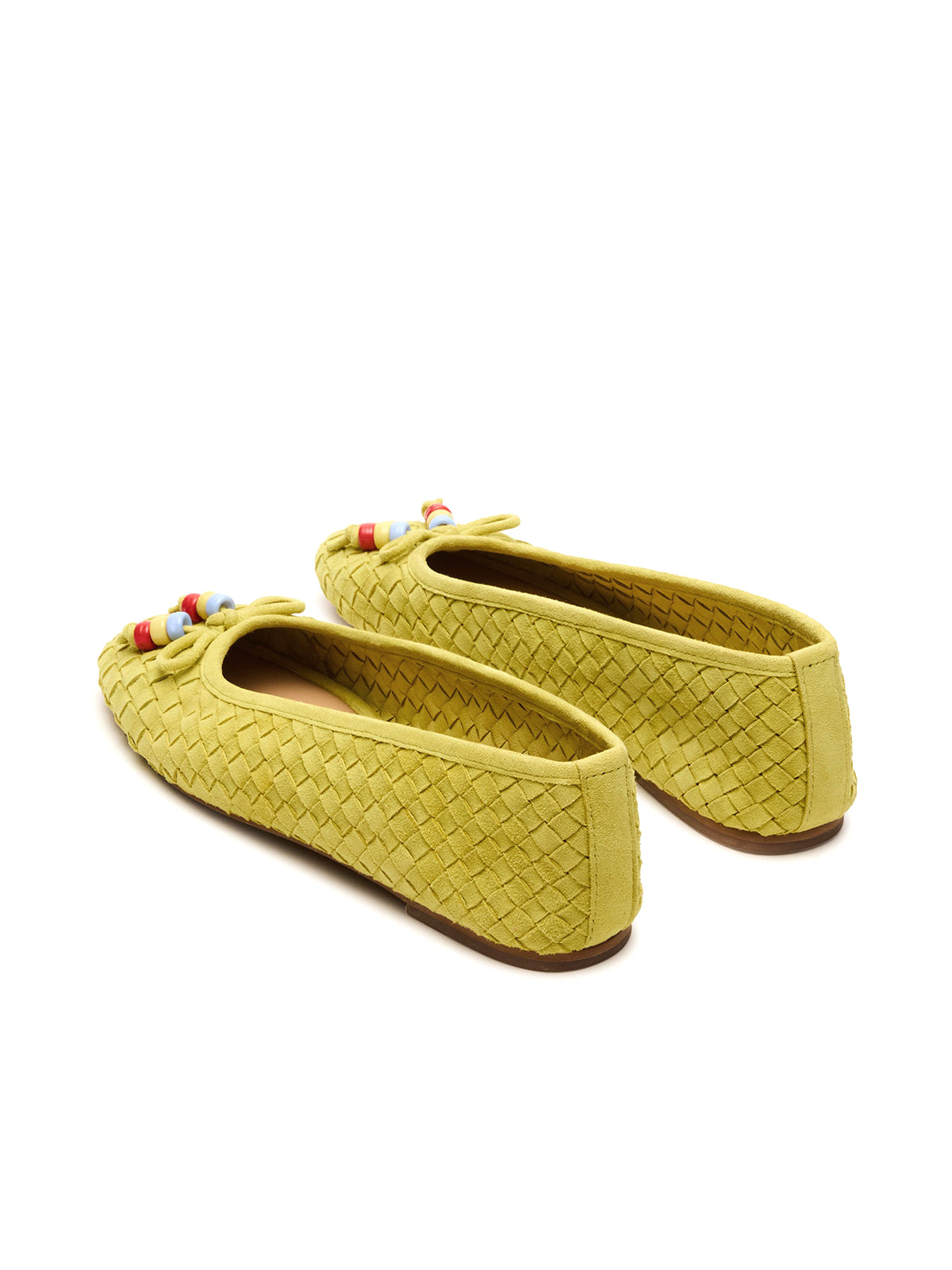 Lime Yellow Faux Suede Woven Square-Toe Front Bow Slip-On Ballet Flats