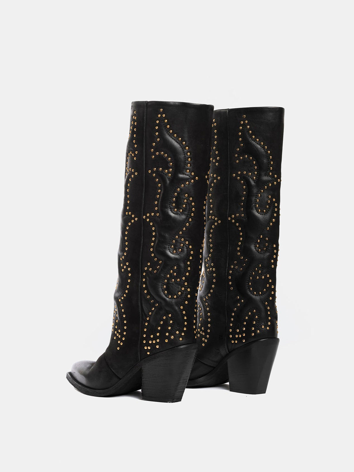 Black Snip-Toe Embroidery Gold Studs Wide Calf Knee High Cowgirl Boots