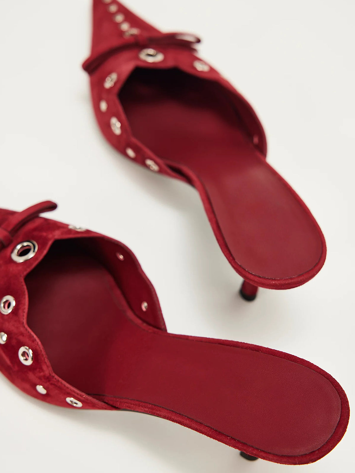 Red Faux Suede Pointed-Toe Front Knot And Studs And Eyelets Kitten Heels