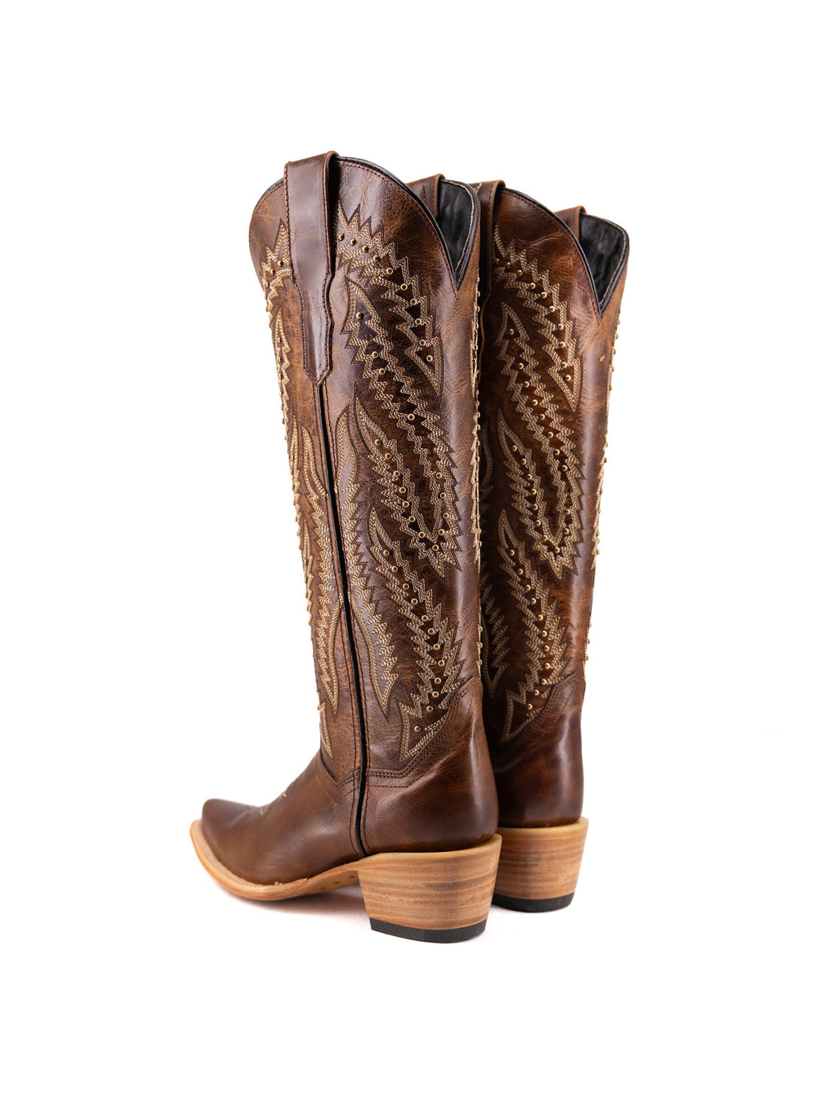 Brown Snip-Toe Embroidery And Studs Wide Calf Knee High Cowgirl Boots For Woman