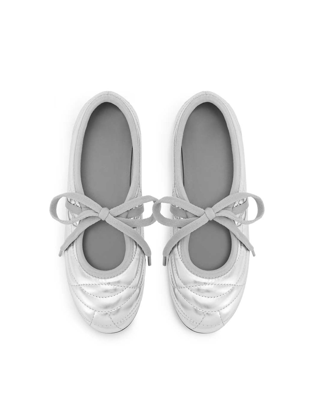 Metallic Silver Round-Toe Topstitching Lace Up Ballet Flats
