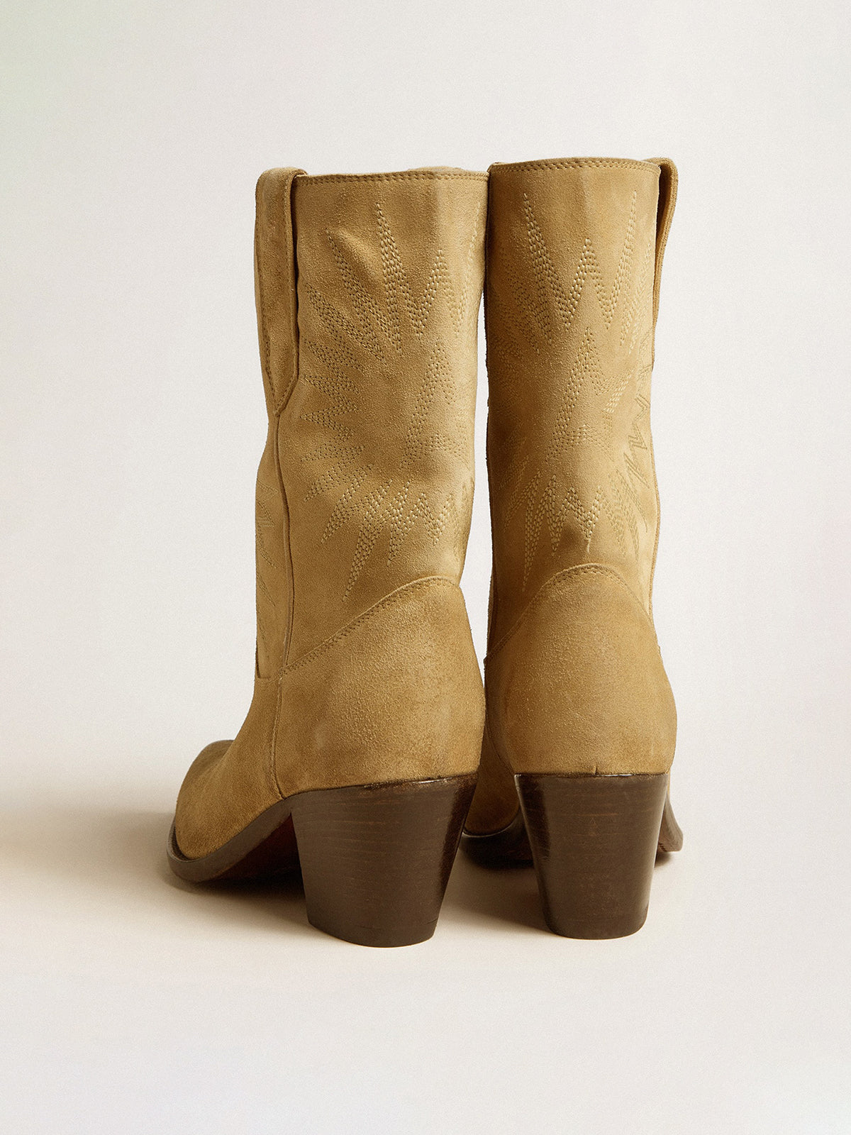 Sand Faux Suede Pointed-Toe Star Embroidery Mid Calf Classic Cowgirl Boots