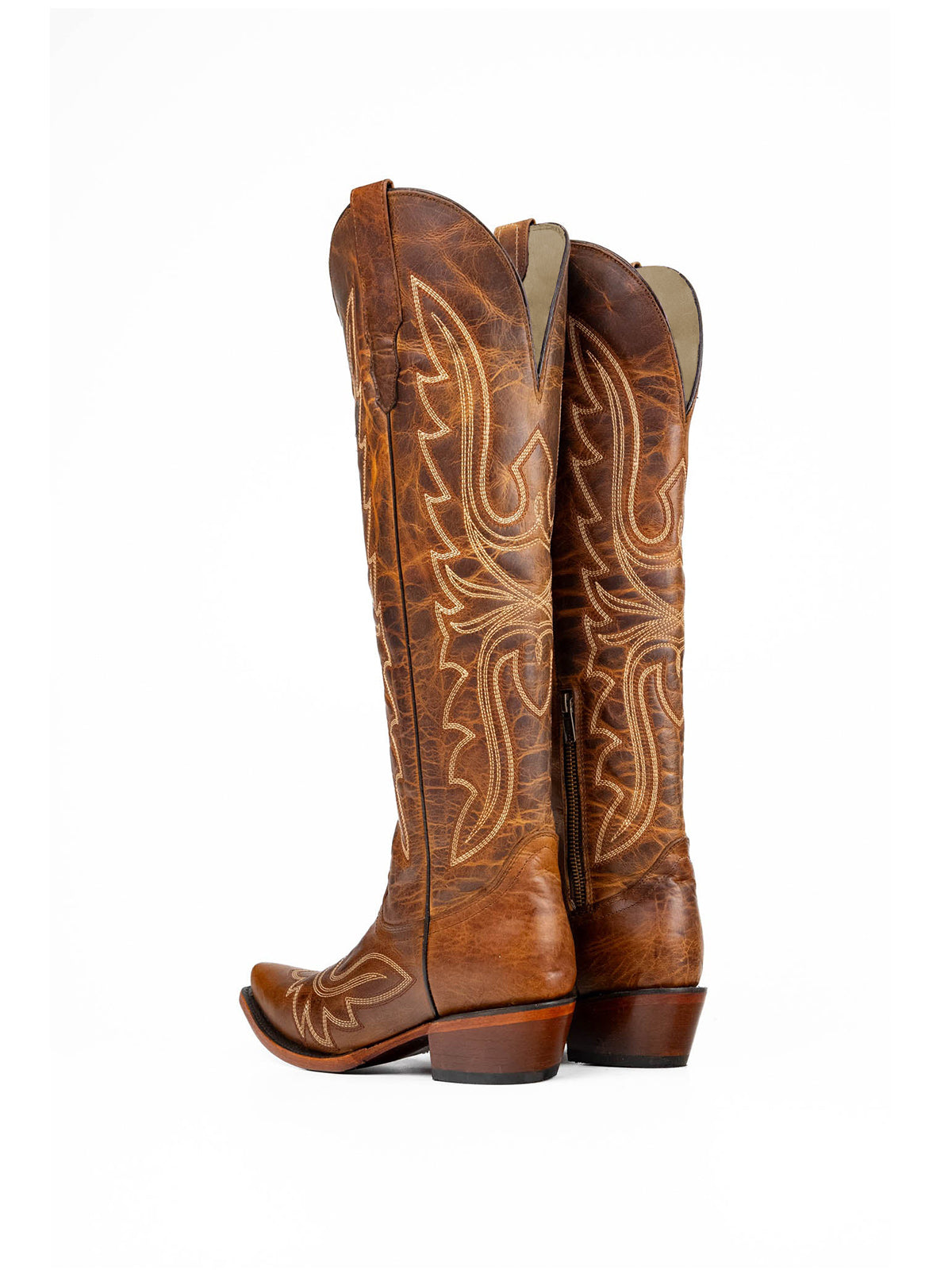 Distressed Honey Snip-Toe Embroidery Knee High Tall Half-Zip Cowgirl Boots