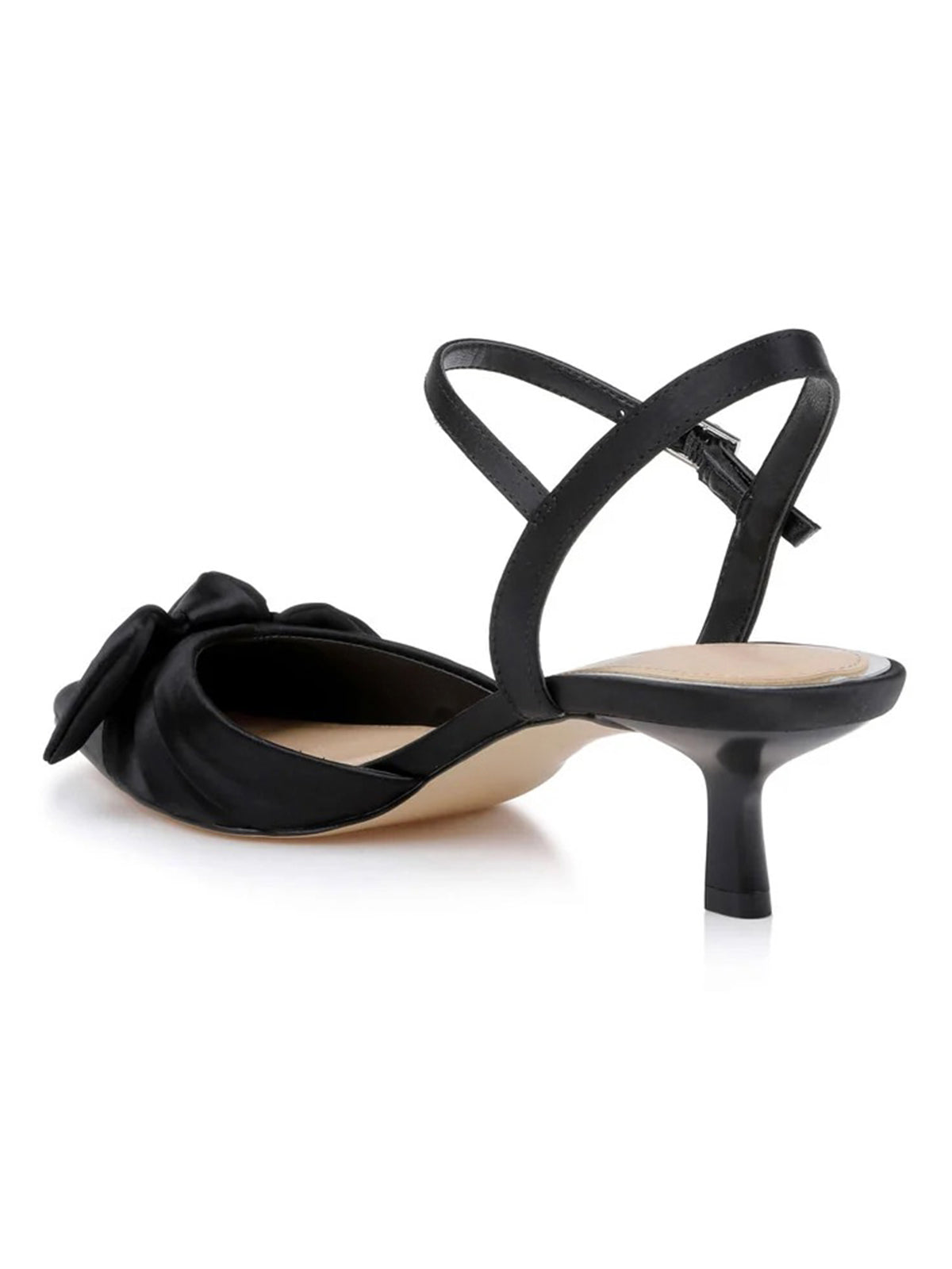 Black Satin Pointed-Toe Front Bow Crossed Slingback Chic Kitten Heels
