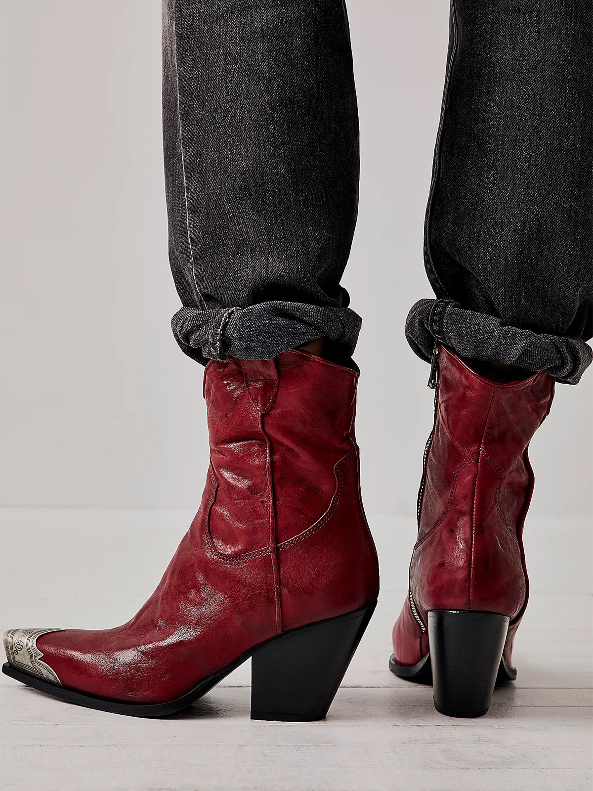 Metal Snip-Toe Full-Zip Classic Cowgirl Ankle Boots - Brandy