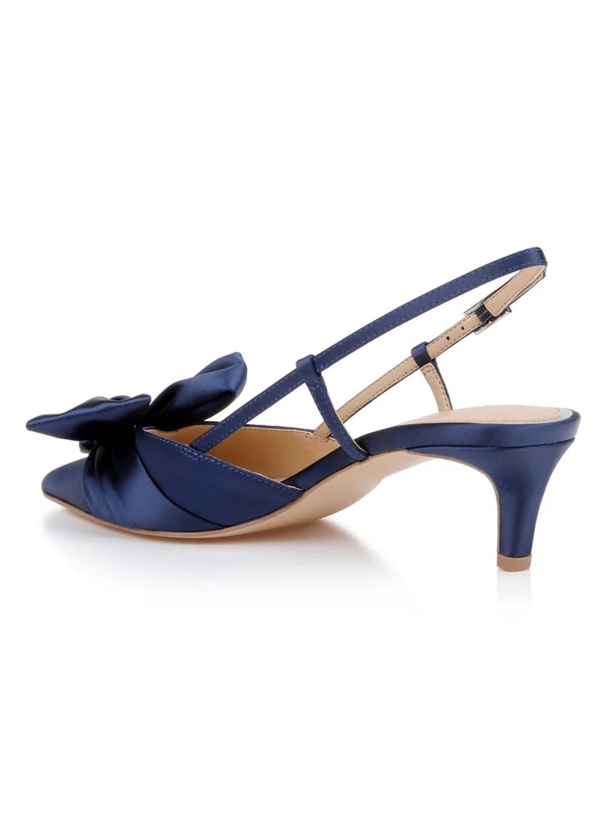 Dark Blue Satin Pointed-Toe Front Bow Slip-On Slingback Chic Kitten Heels