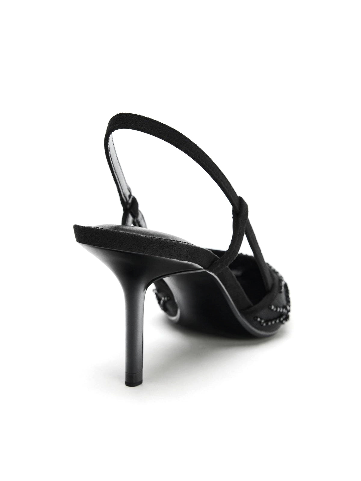 Black Mesh Pointed-Toe Front Sparkly Appliques Slingback Kitten Heels