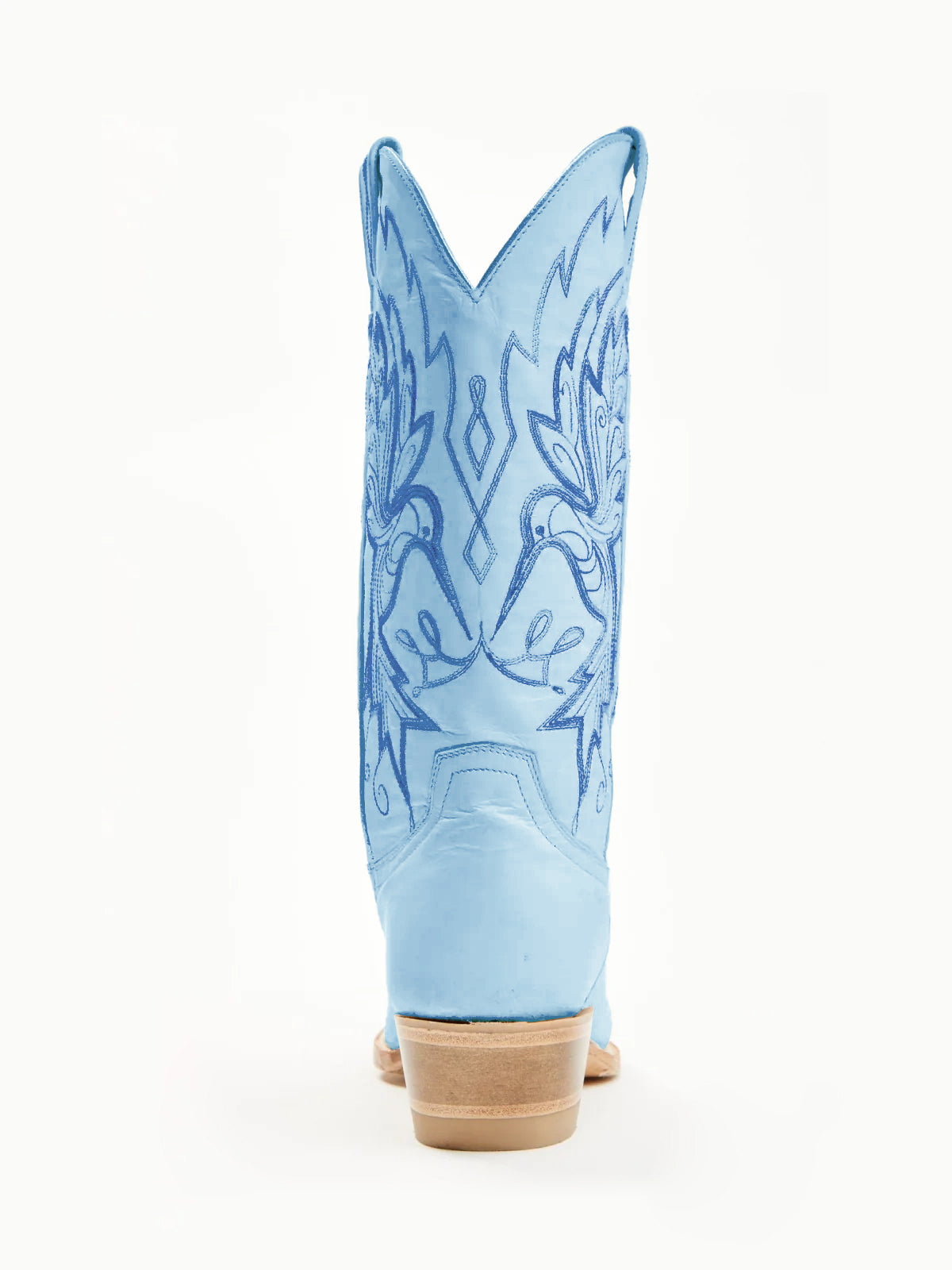 Сини каубойски ботуши с бродерия от птици и къси пръсти до средата на прасеца
