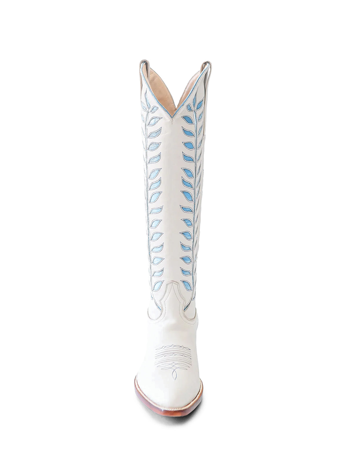 Almond-Toe Light Blue Leaves Inlay Wide Calf Tall Knee High Cowgirl Boots - White