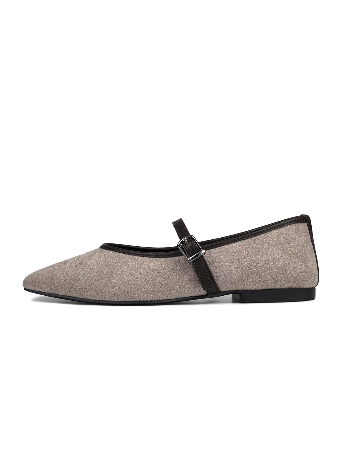 Light Taupe Faux Suede Square-Toe Buckle Bridge Strap Classic Ballet Flats