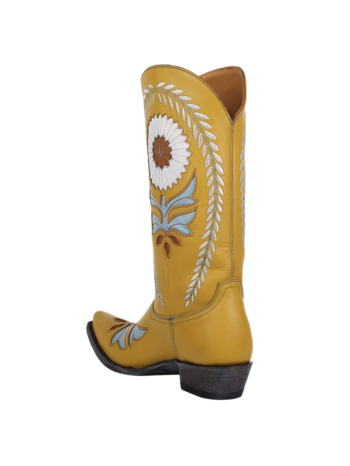 Yellow Snip-Toe Sunflower Inlay Rice Ears Embroidery Mid Calf Cowgirl Boots