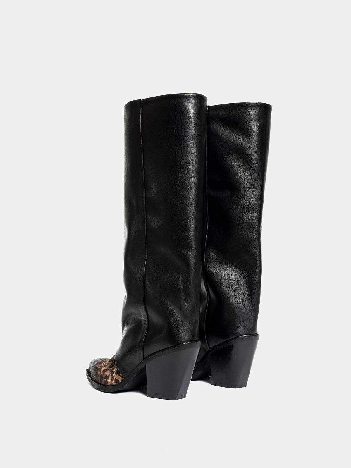 Contrast Black And Leopard Faux Suede Snip-Toe Wide Calf Knee High Cowgirl Boots